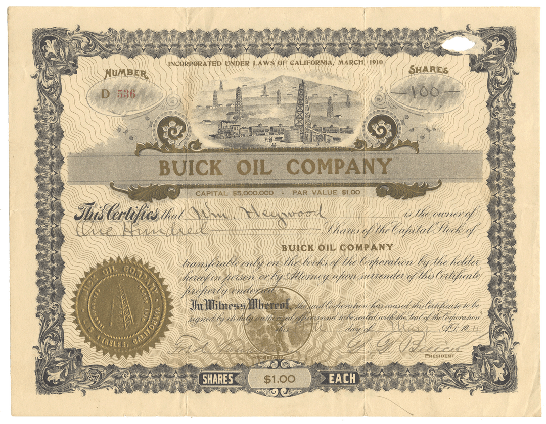 Buick Oil Company Stock Certificate Signed by David Dunbar Buick