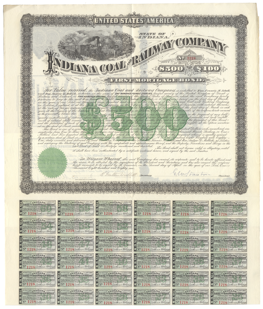 Indiana Coal and Railway Company Bond Certificate