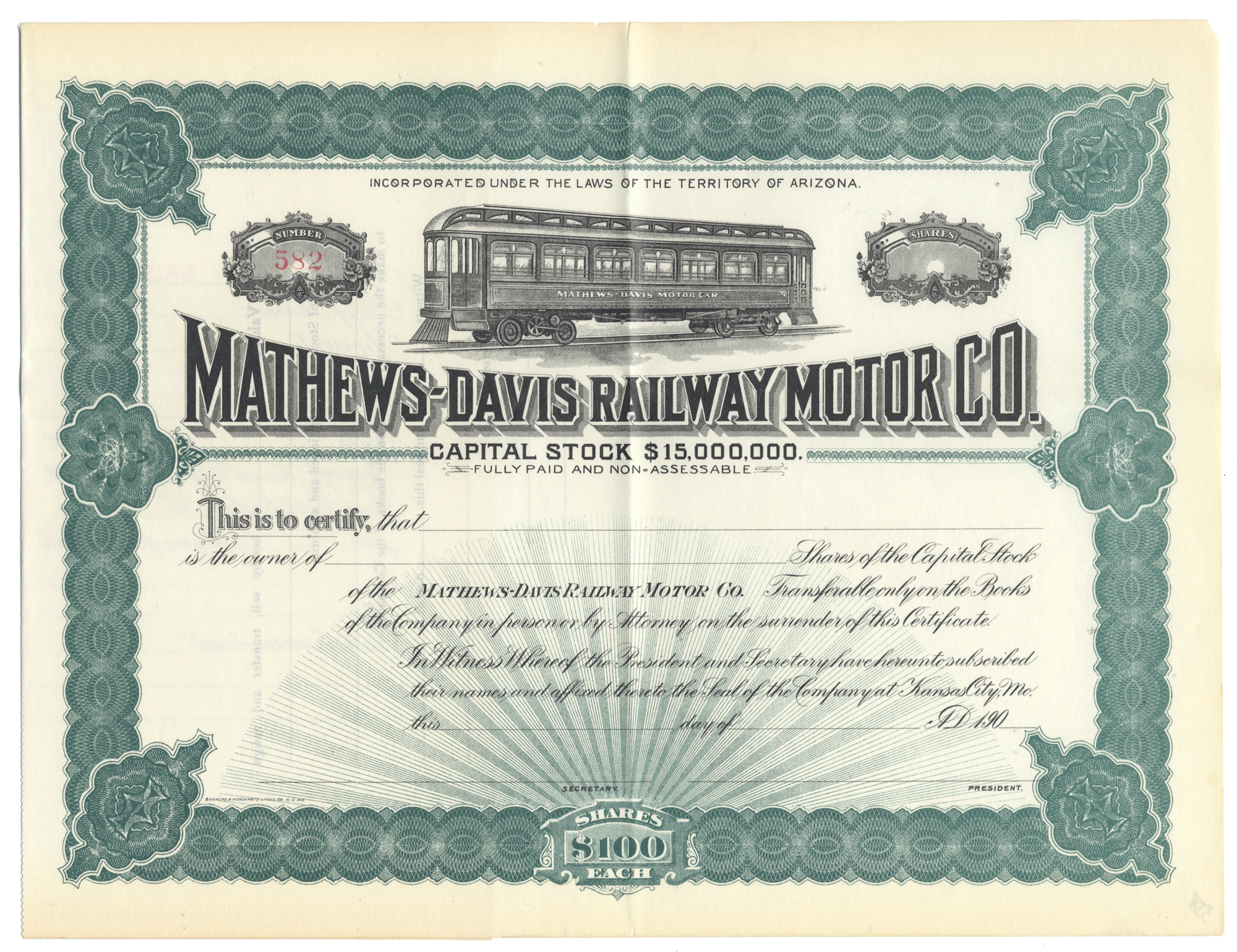 Vintage stock certificate for Mathews-Davis Railway Motor Co. with decorative elements and a train illustration.