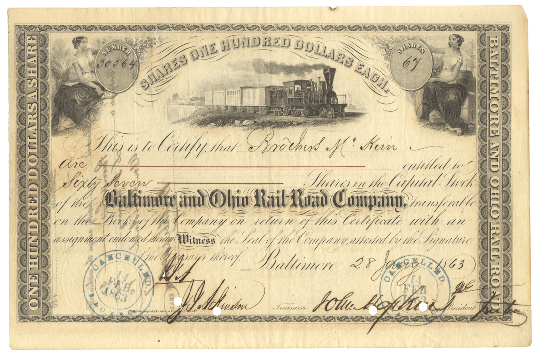 Baltimore and Ohio Rail-Road Company Stock Certificate Signed by Johns Hopkins