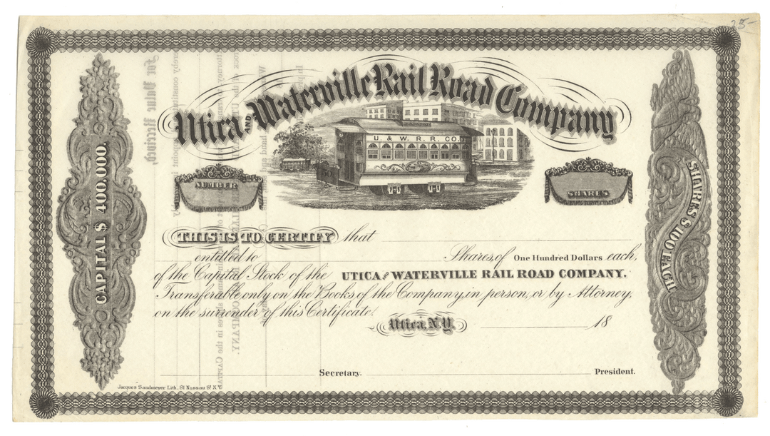 Stock certificate of the Utica & Watervlille Rail Road Company with decorative elements.