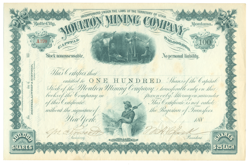 Moulton Mining Company stock certificate Signed by William A. Clark