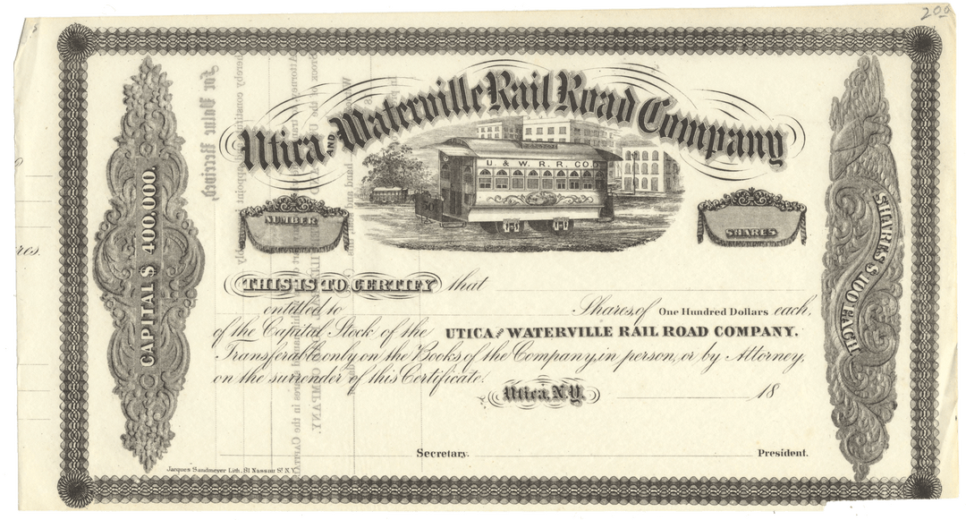 Utica and Waterville Rail Road Company stock certificate from the 1800's