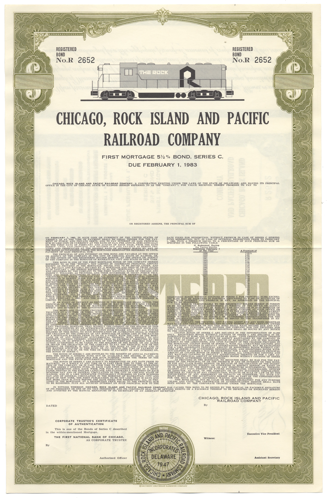 Chicago, Rock Island and Pacific Railroad Company Bond Certificate