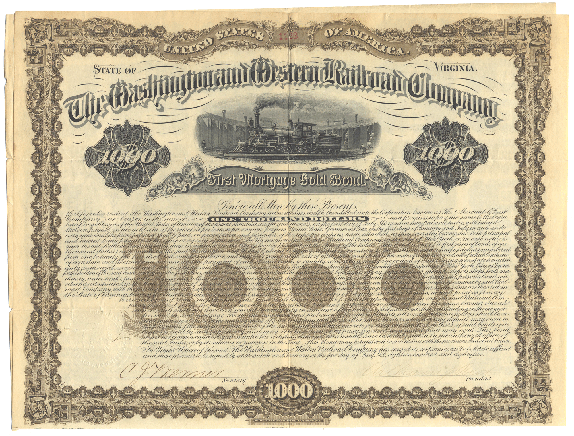 An antique bond certificate from the Washington and Western Railroad Company dated 1882