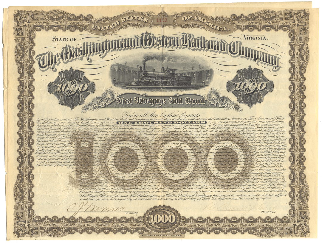 An antique bond certificate from the Washington and Western Railroad Company dated 1882