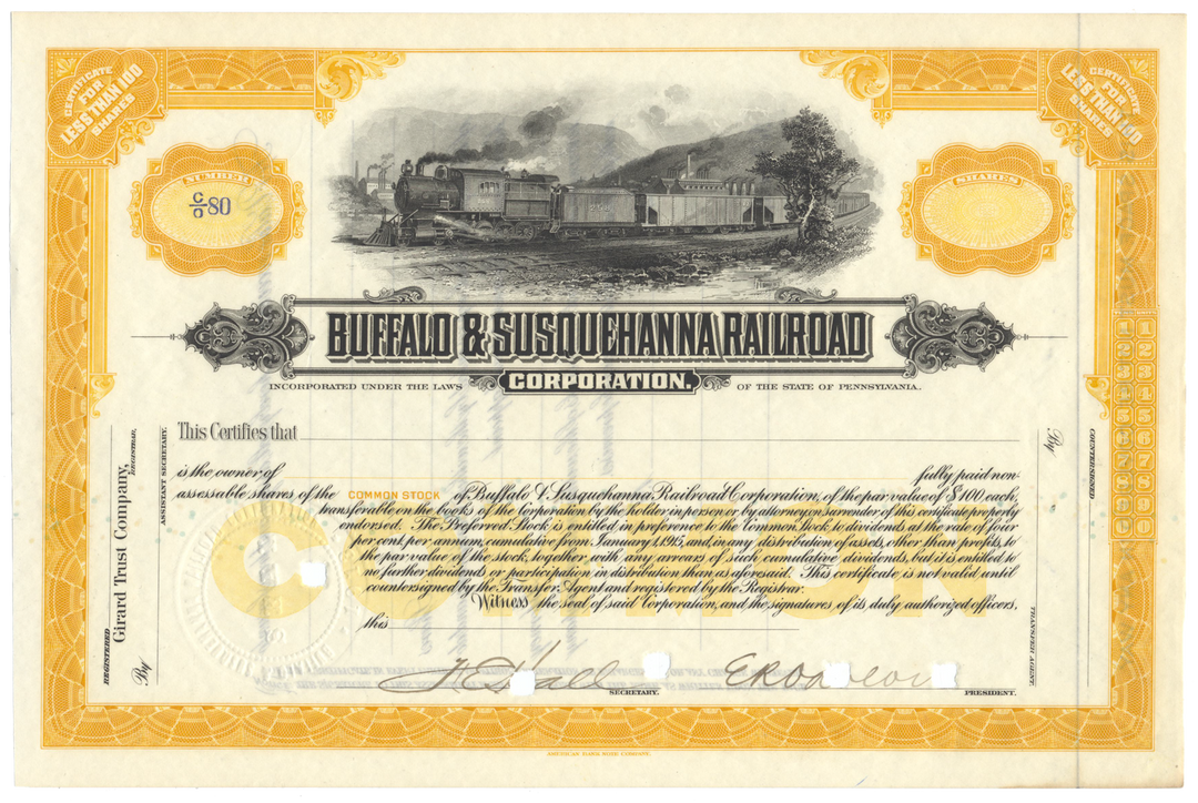 Buffalo & Susquehanna Railroad Corporation Stock Certificate