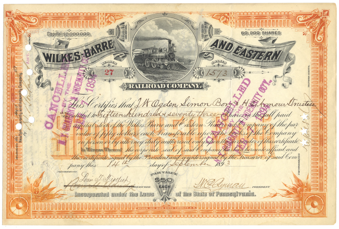 Wilkes-Barre and Eastern Railroad Company Stock Certificate