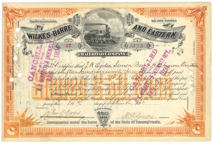 Wilkes-Barre and Eastern Railroad Company Stock Certificate