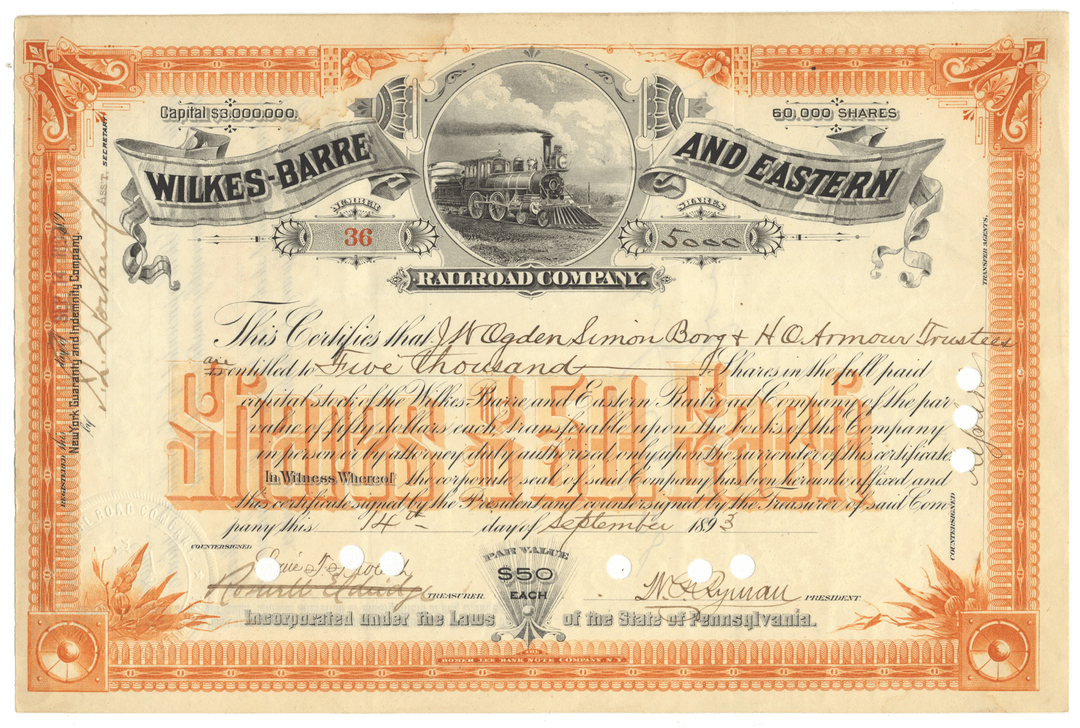 A vintage Wilkes-Barre and Eastern Railroad company stock certificate from 1893