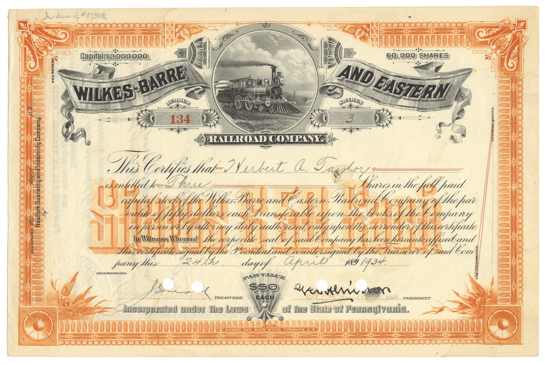 Vintage stock certificate for Wilkes-Barre and Eastern Railroad Company with decorative elements from 1934