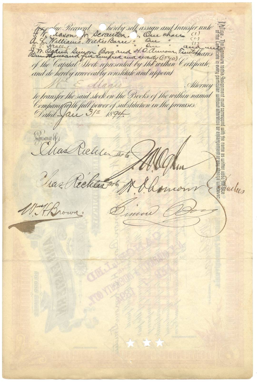 Wilkes-Barre and Eastern Railroad Company Stock Certificate