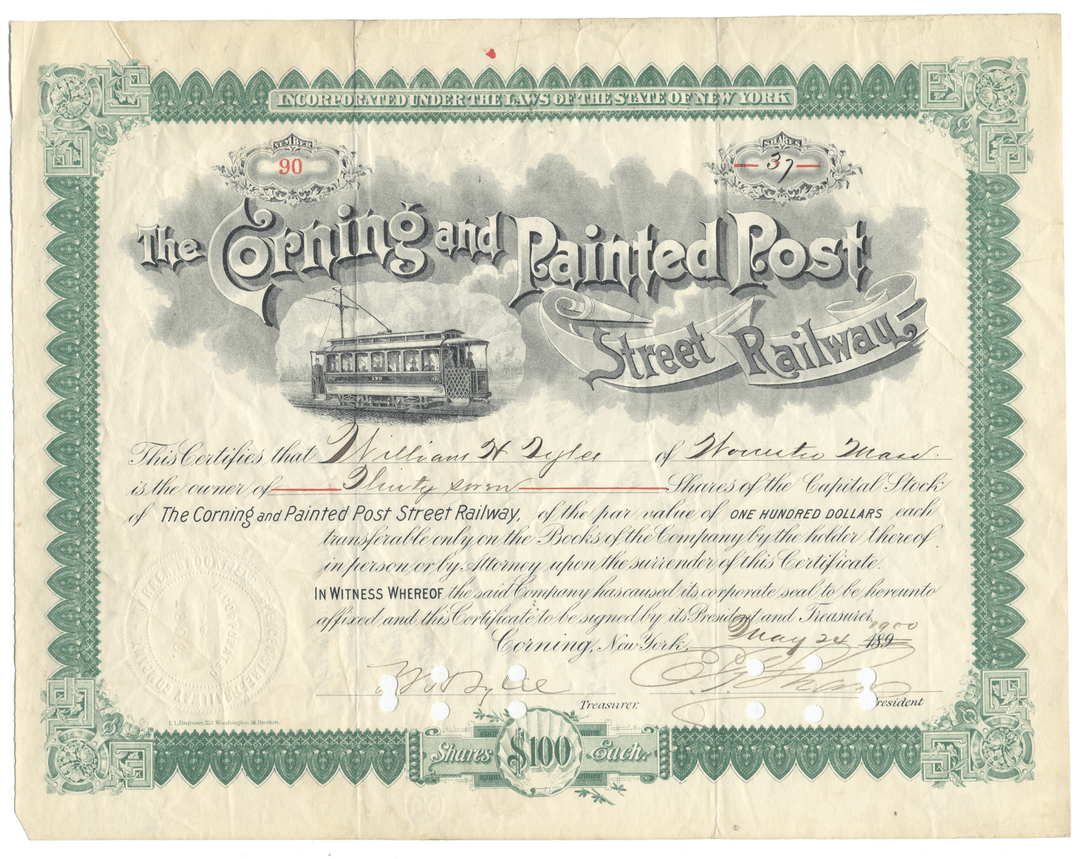 Vintage stock certificate for 'The Corning and Painted Post Street Railway' from 1900 featuring  a trolley illustration