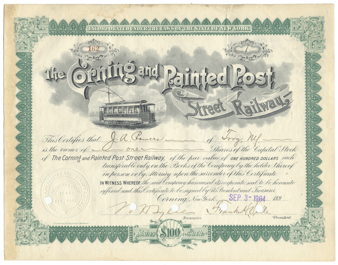 Historical stock certificate for the Corning and Painted Post Street Railway from 1904