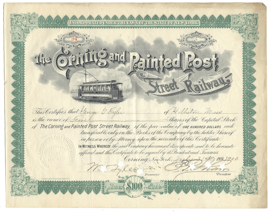Corning and Painted Post Street Railway stock certificate from 1900
