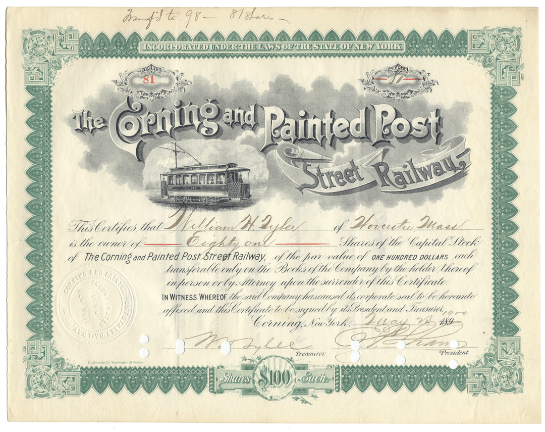 Vintage stock certificate for the Corning and Painted Post Street Railway with trolley illustration.
