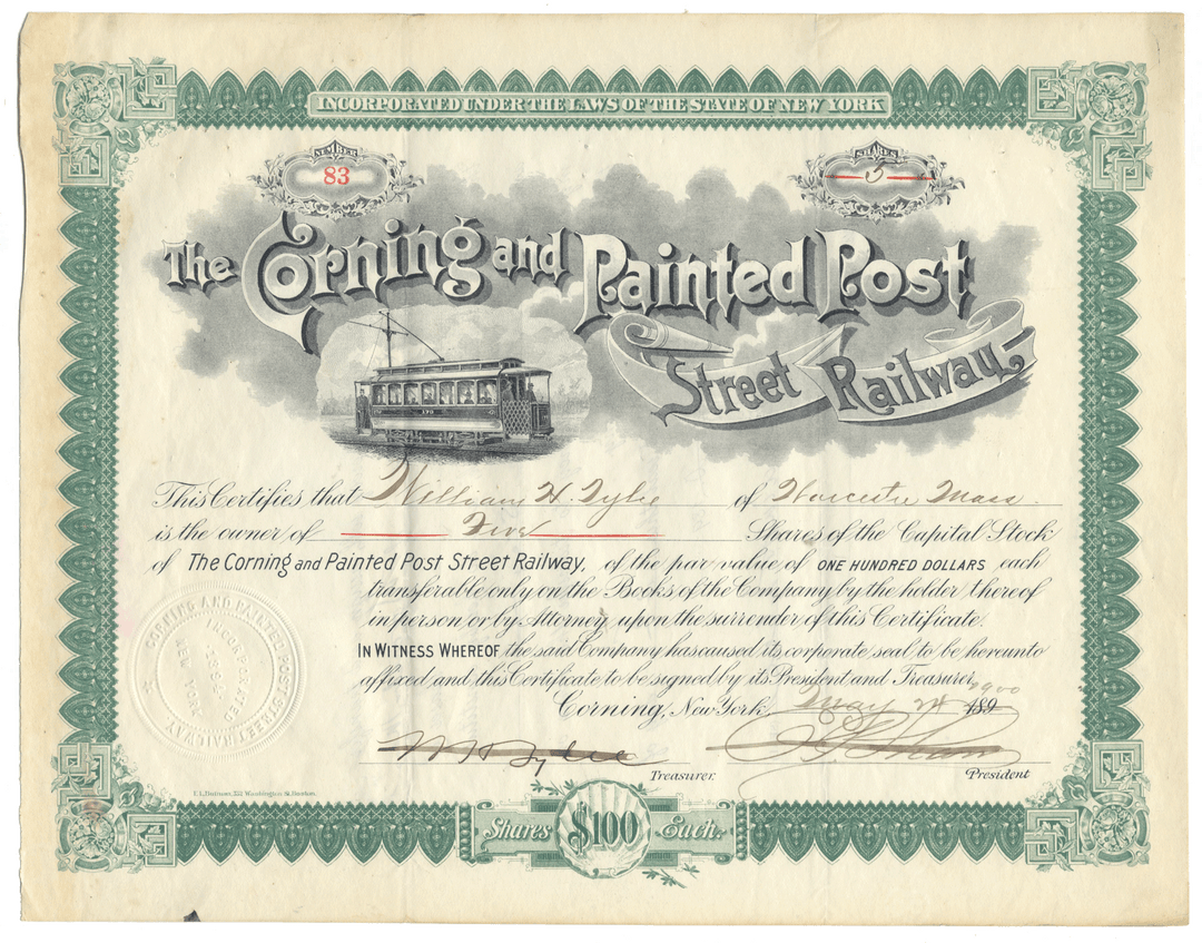 Stock certificate for the Corning and Painted Post Street Railway with trolley illustration