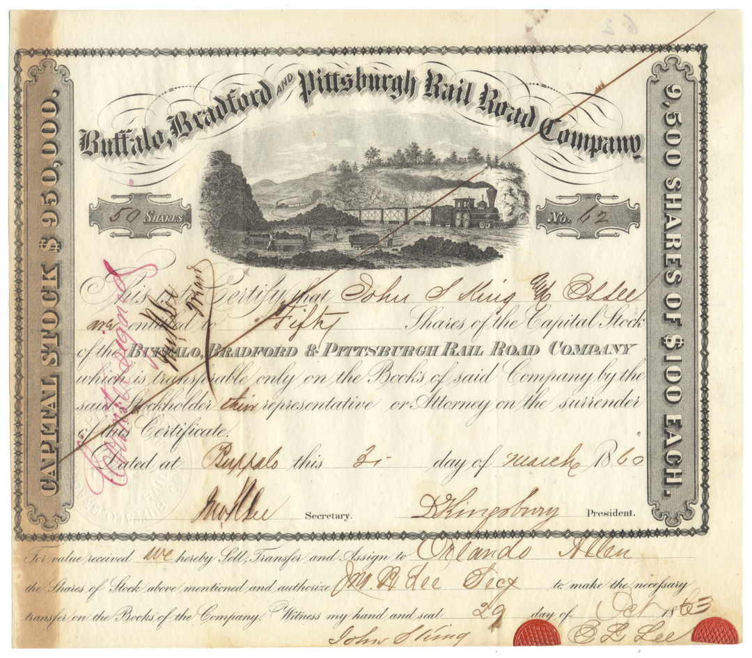 Buffalo, Bradford and Pittsburgh Rail Road Company Stock Certificate