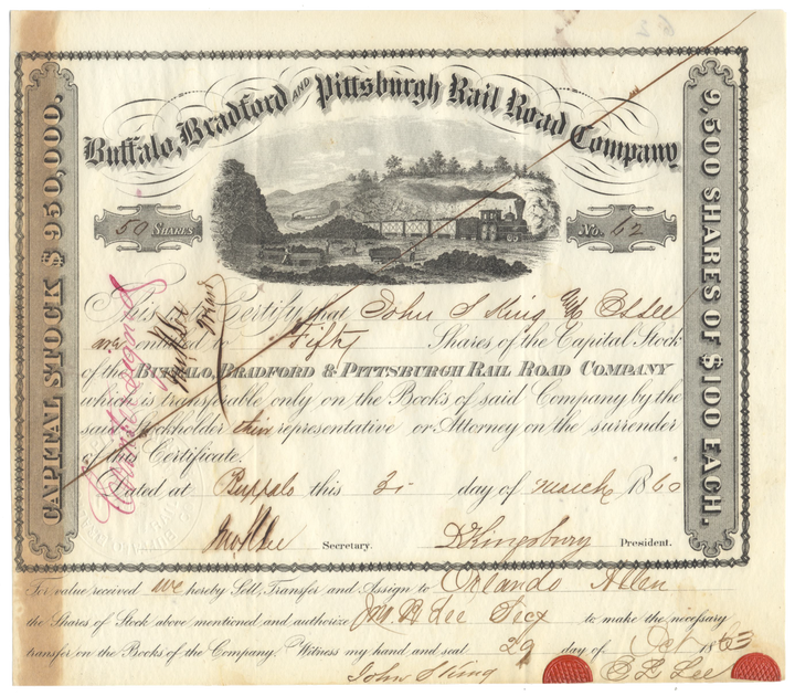 Buffalo, Bradford and Pittsburgh Rail Road Company Stock Certificate