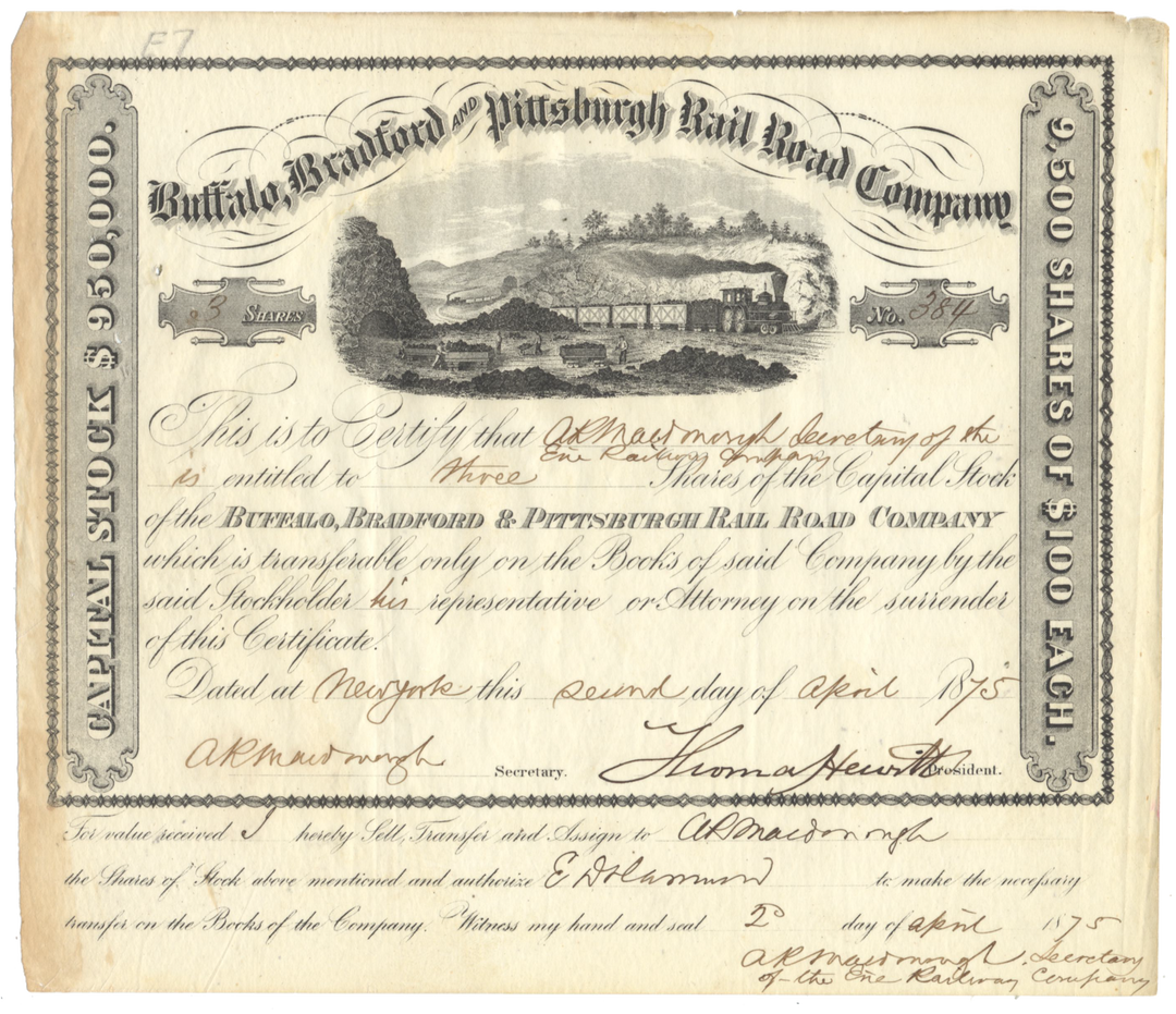 Buffalo, Bradford and Pittsburgh Rail Road Company Stock Certificate