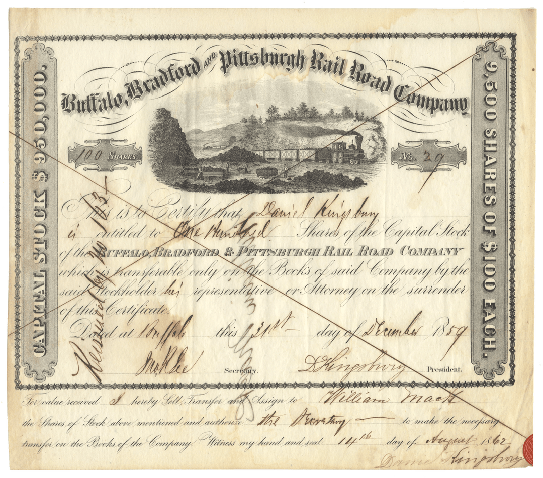 Buffalo, Bradford and Pittsburgh Rail Road Company Stock Certificate
