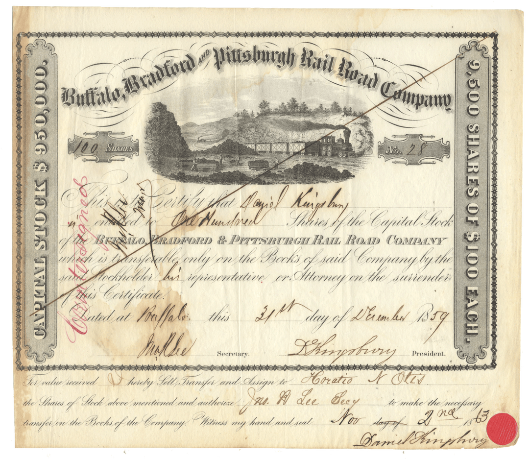Historical stock certificate for the Buffalo, Bradford & Pittsburgh Rail Road Company with scenic illustration dating back to 1859