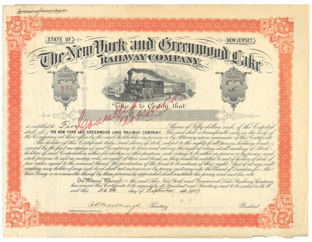 New York and Greenwood Lake Railway Company Stock Certificate