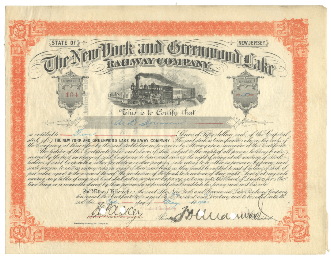 Vintage stock certificate for The New York and Greenwood Lake Railway Company with steam locomotive illustration.