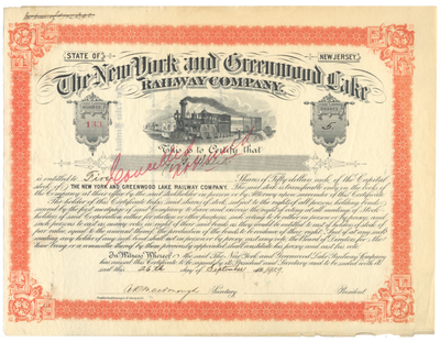 New York and Greenwood Lake Railway Company Stock Certificate