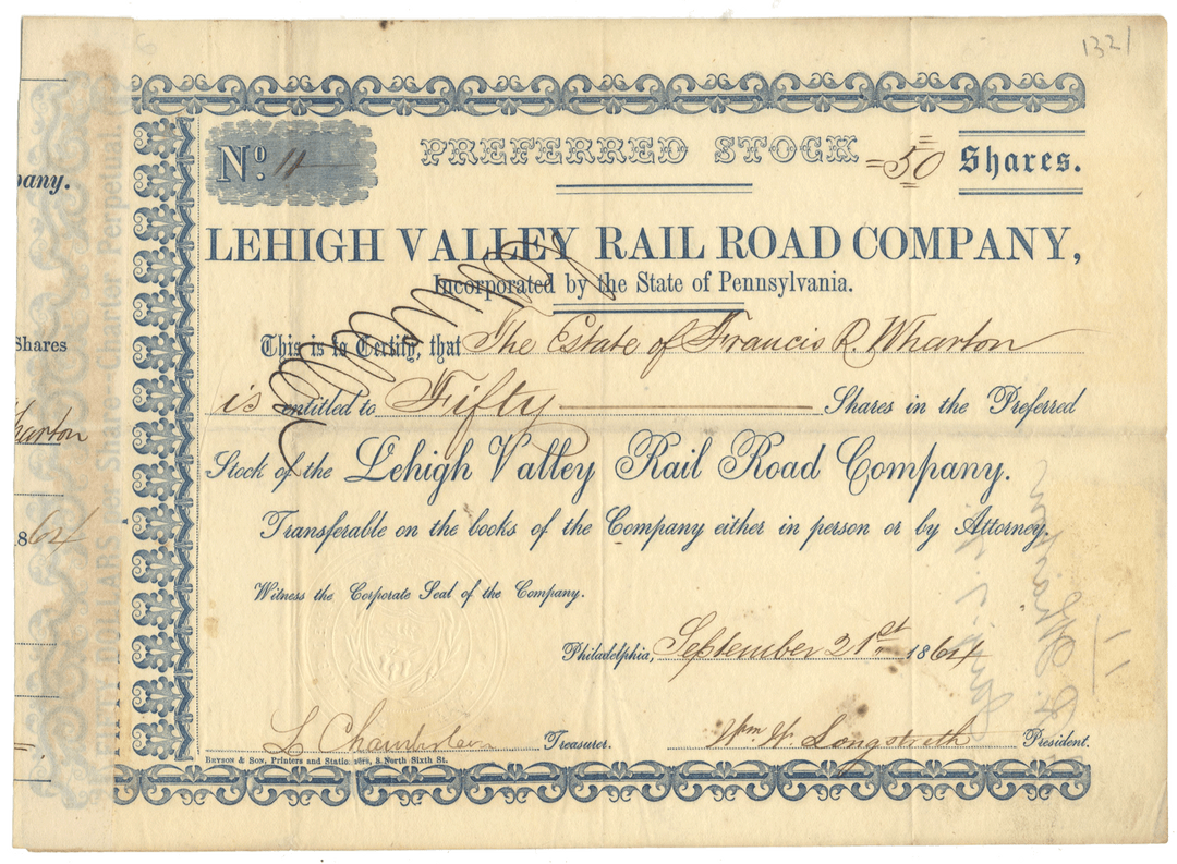 Lehigh Valley Rail Road Company stock certificate from 1864