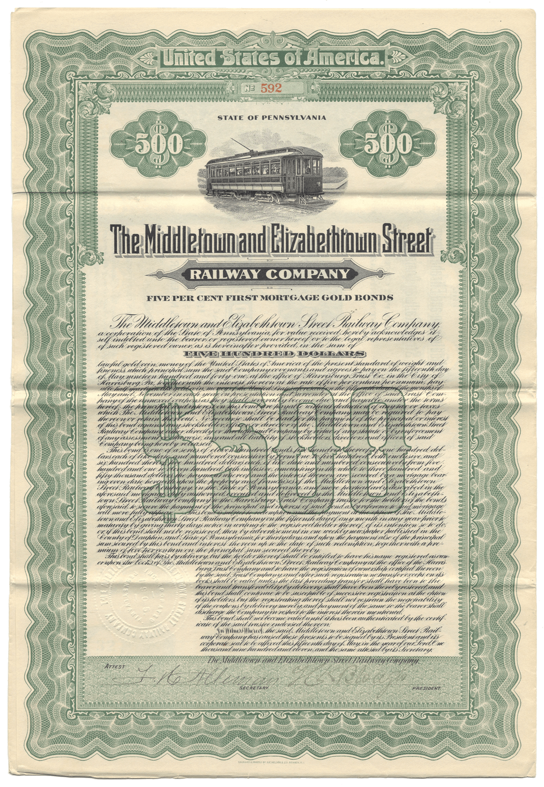 Middletown and Elizabethtown Street Railway Company Bond Certificate