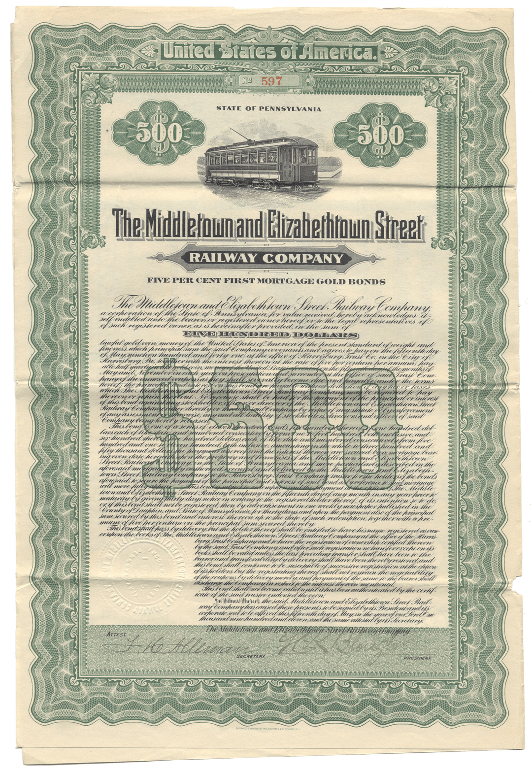 Vintage Middletown and Elizabethtown Street Railway Company bond certificate from 1911