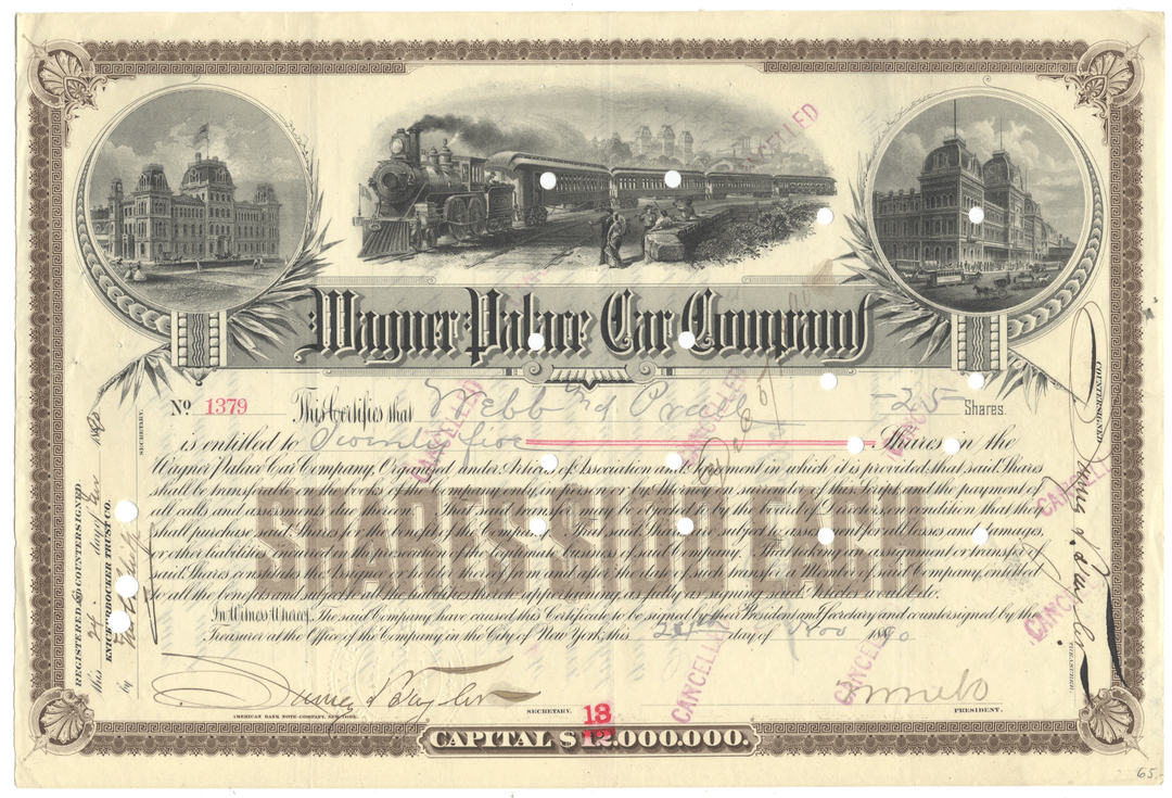 Wagner Palace Car Company Stock Certificate Signed by William Seward Webb