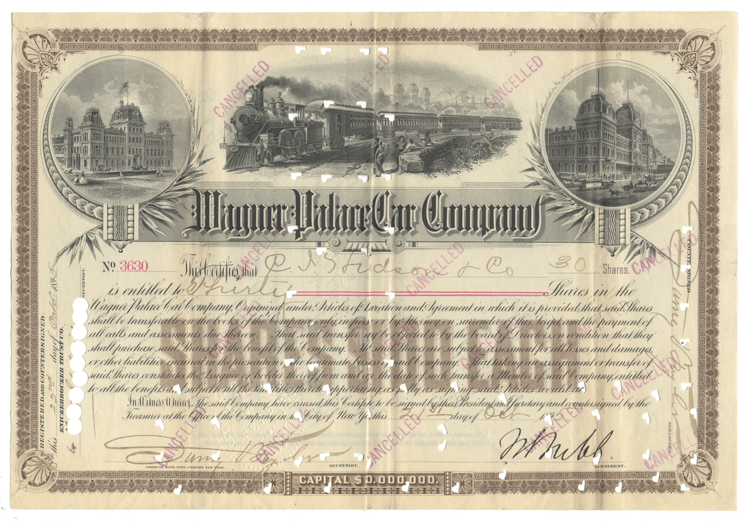 An antique vintage stock certificate from the Winner Palace Car Company, featuring ornate black ink illustrations of a steam locomotive and buildings dated 1895