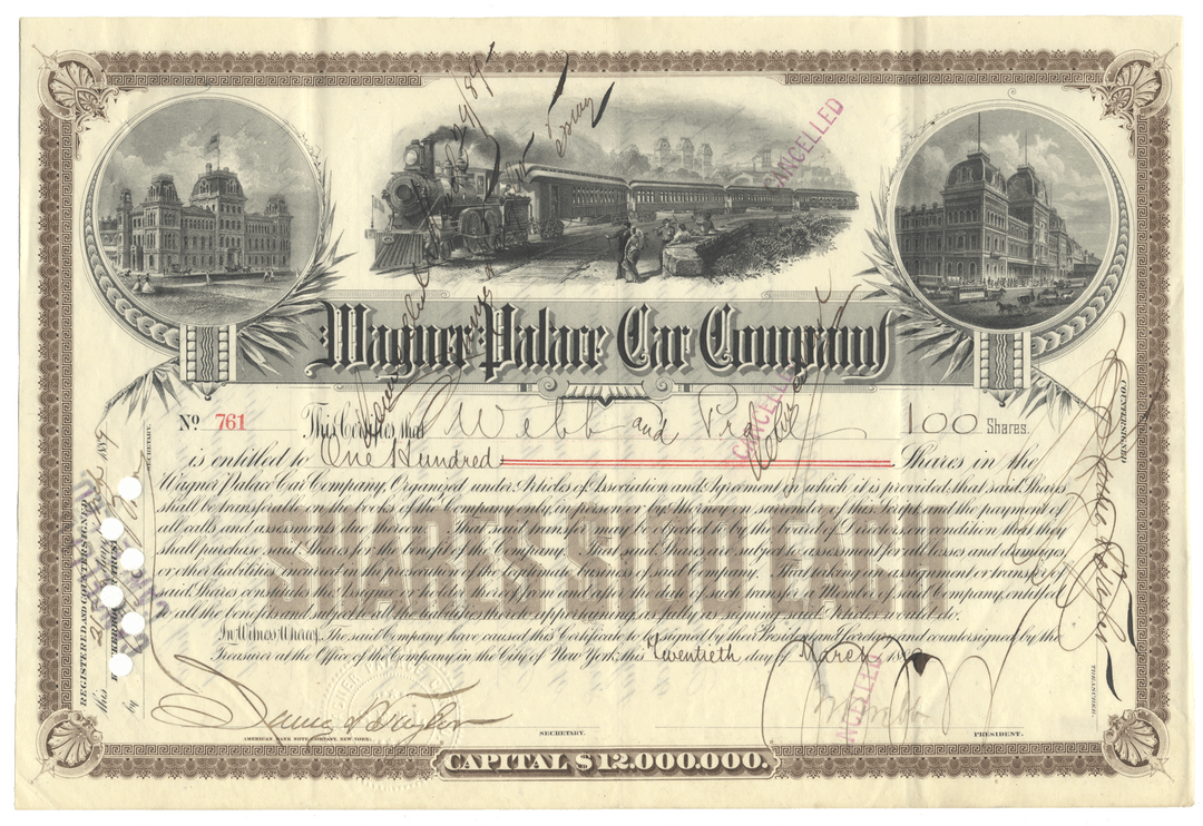 Wagner Palace Car Company stock certificate from 1889 signed by William Seward Webb