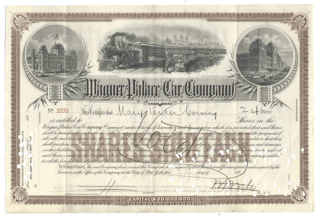 Wagner Palace Car Company stock certificate from the 1890's signed by William Seward Webb