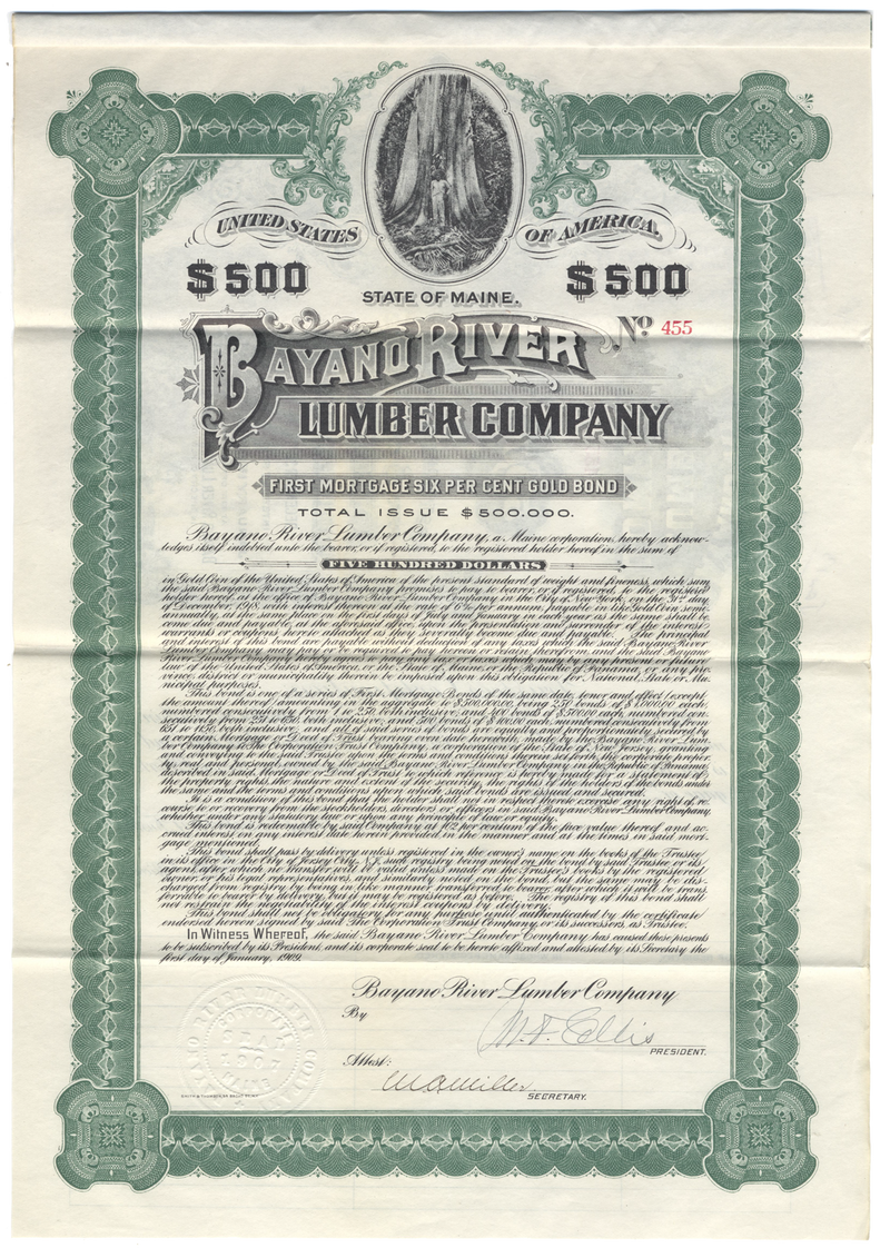 Bayano River Lumber Company Bond Certificate