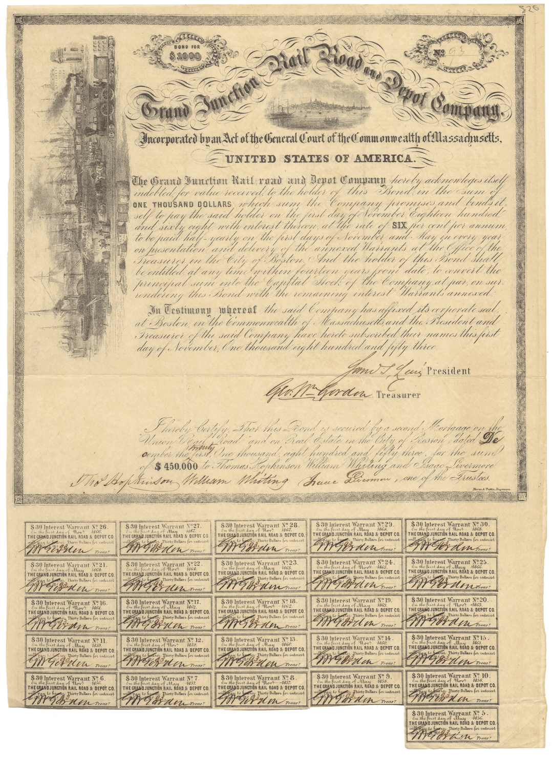 Historical document from the Grand Junction Rail Road & Depot Company with a broad wharf vignette and signatures.