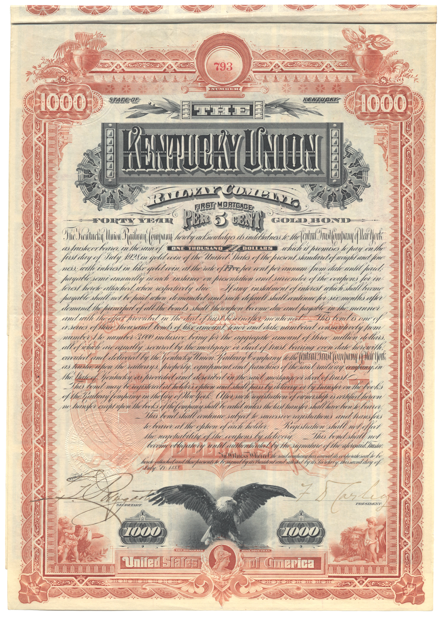 Vintage Kentucky Union bond certificate from 1888
