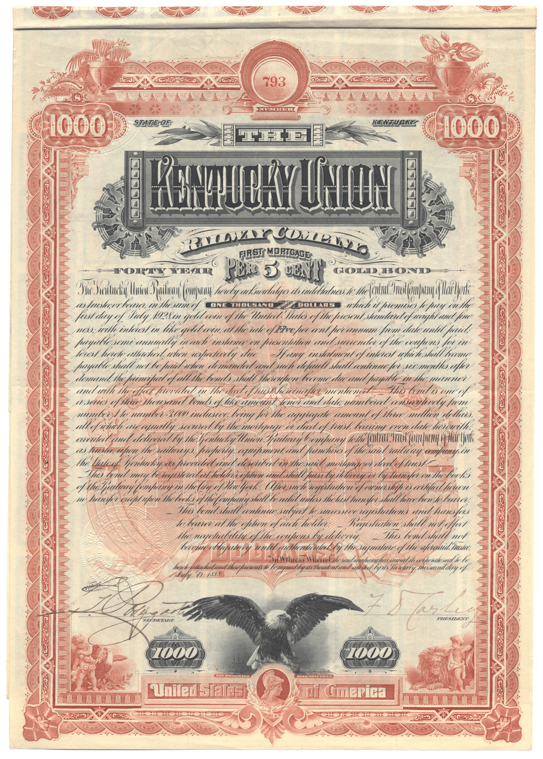 Vintage Kentucky Union bond certificate from 1888