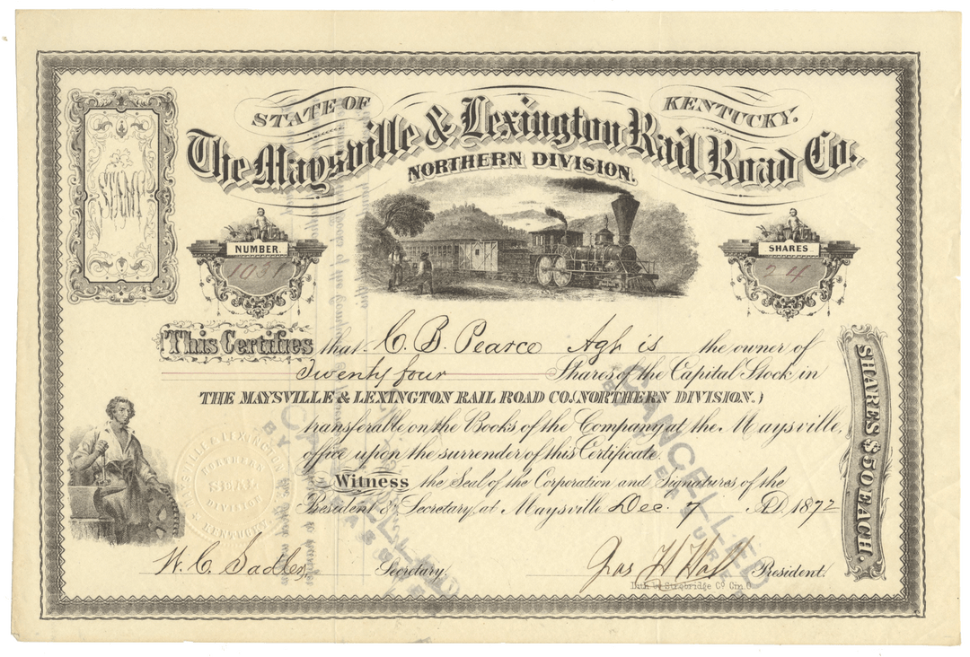 Historical stock certificate from the Maysville & Lexington Railroad Company, featuring a steam locomotive illustration.