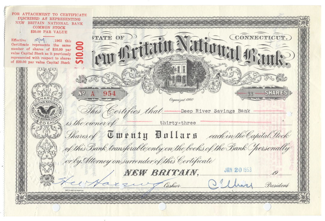 New Britain National Bank Stock Certificate