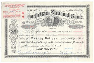 New Britain National Bank Stock Certificate