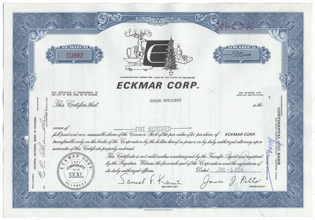 Eckmar Corp. stock certificate with decorative elements and text.
