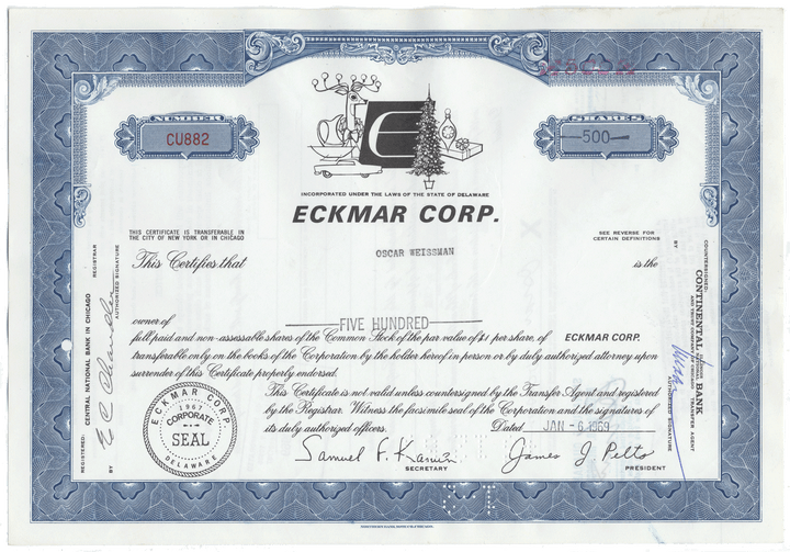 Eckmar Corp. stock certificate with decorative elements and text.