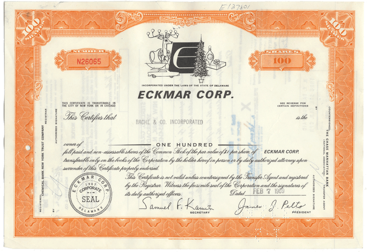 Eckmar Corp. stock certificate with decorative border and text