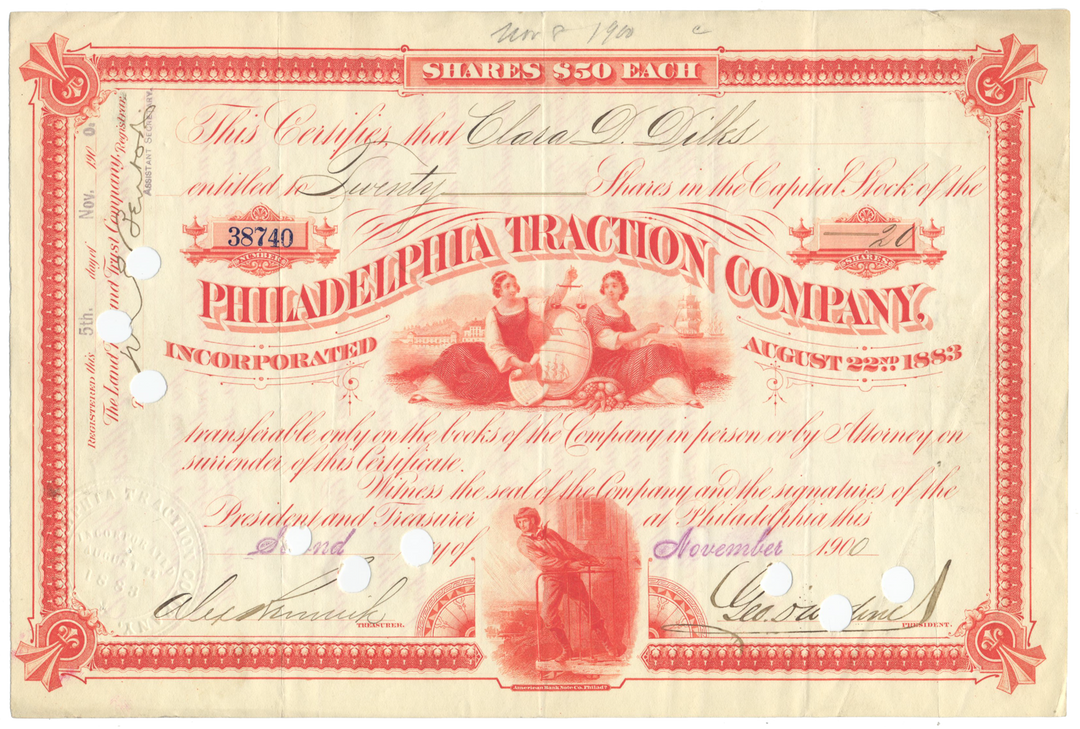 Philadelphia Traction Company Stock Certificate Signed by George Widener