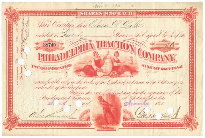 Philadelphia Traction Company Stock Certificate Signed by George Widener