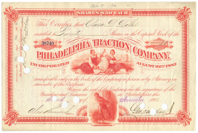 Philadelphia Traction Company Stock Certificate Signed by George Widener