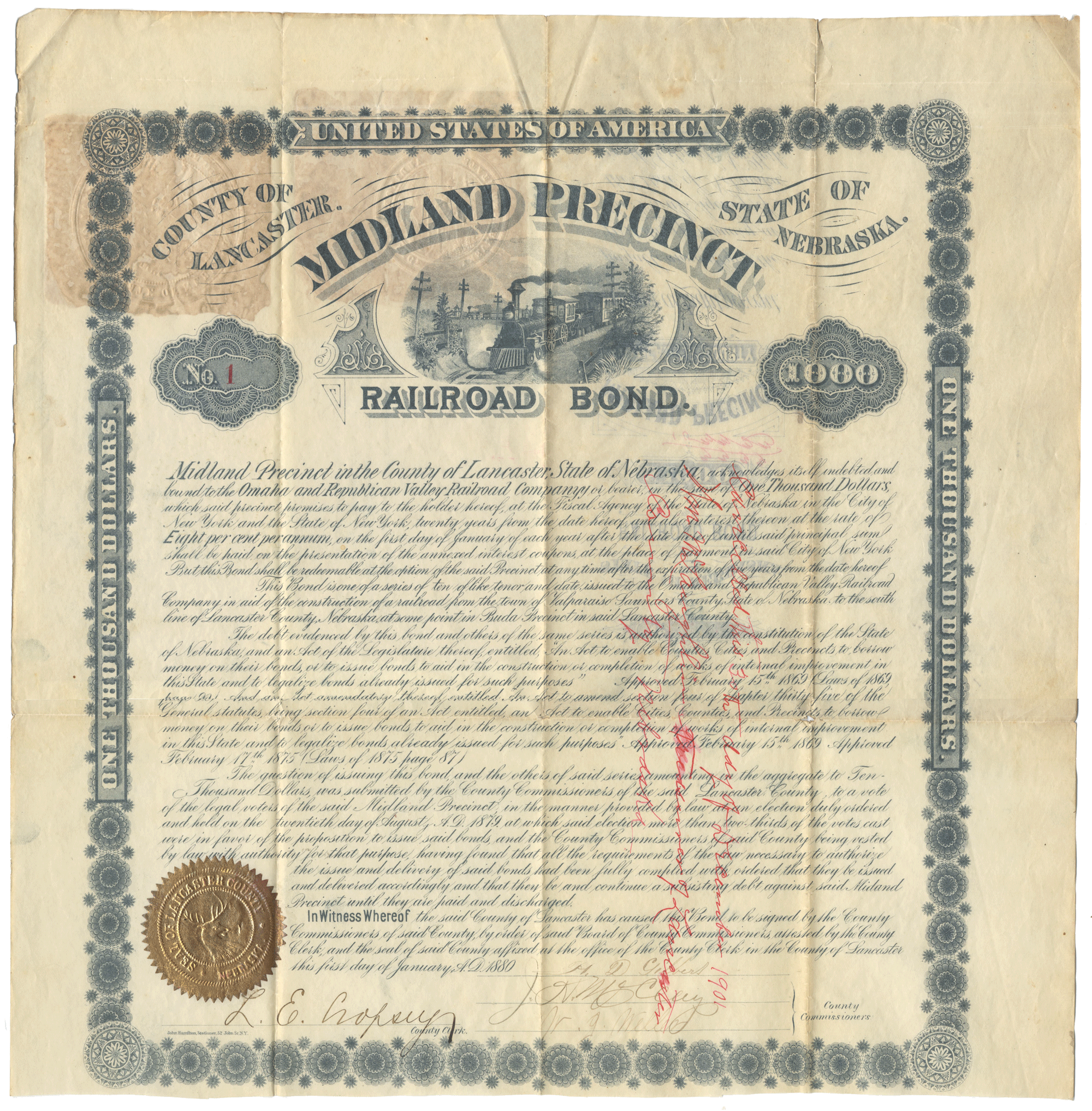 Midland Precinct, Nebraska (Omaha & Republican Valley Railroad) bond certificate dating back to 1880
